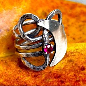 Crescent ring with ruby, Sterling silver, size 5.5, women’s
